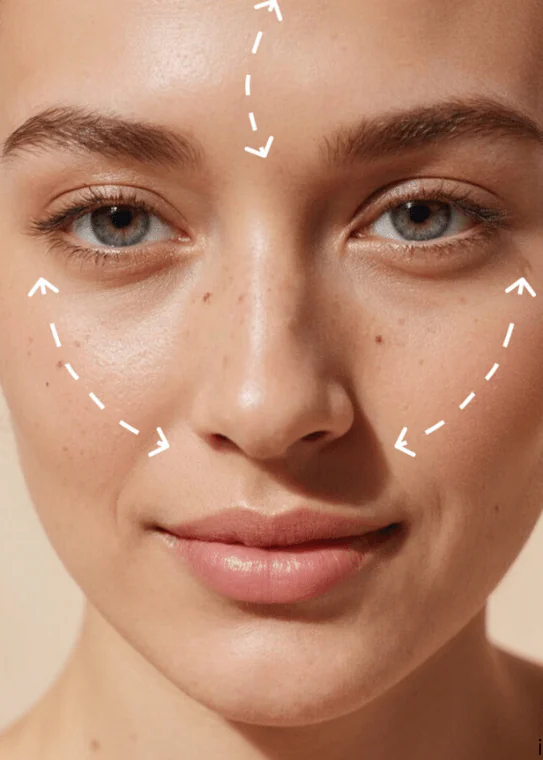 Lift direction arrows across the brow and mid-face for PDO thread placement